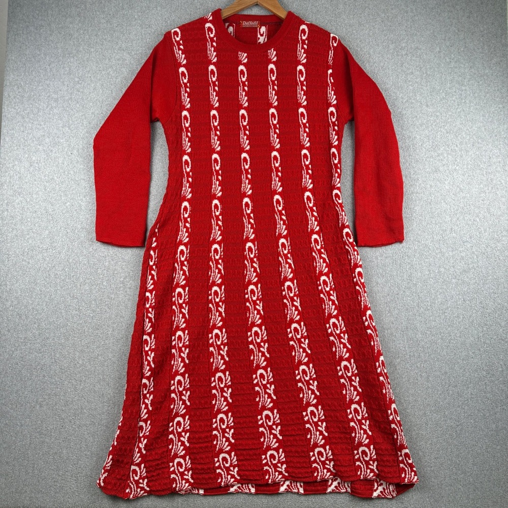 Daffodil Knit Dress Womens Medium Red Scroll Pattern Long Sleeve Crew Neck